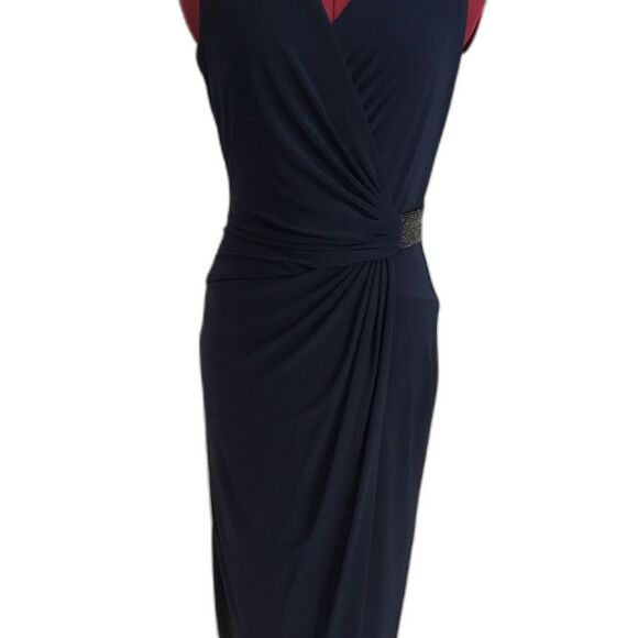 Lauren Ralph Lauren Jersey Gown Size 4 Navy Blue Rhinestone Embellishment V-Neck - Picture 10 of 16